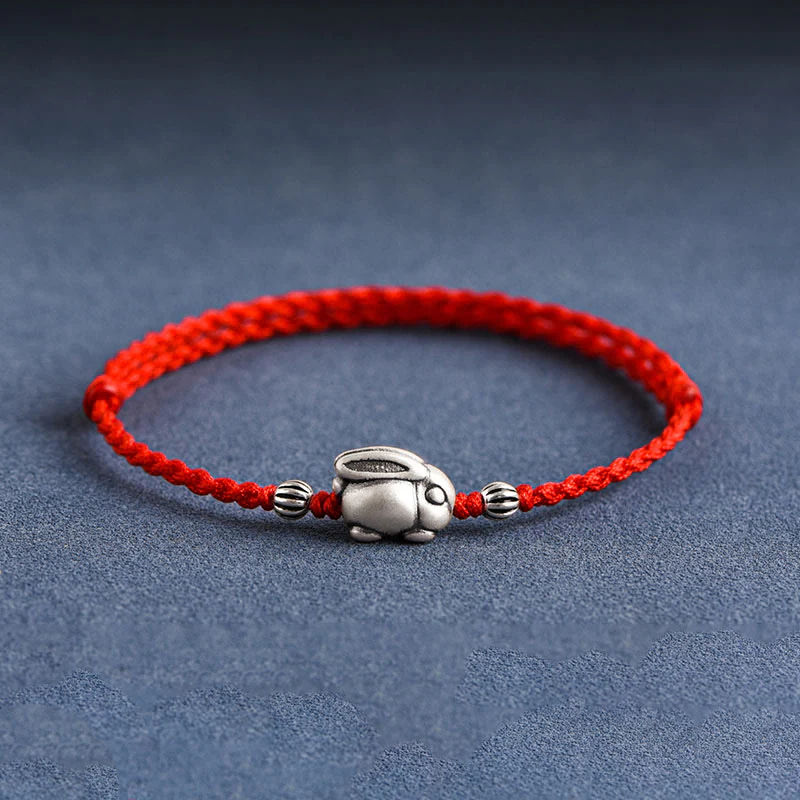 Mocoer Handmade 999 Sterling Silver Rabbit Luck Rope Bracelet Anklet - Mocoer
