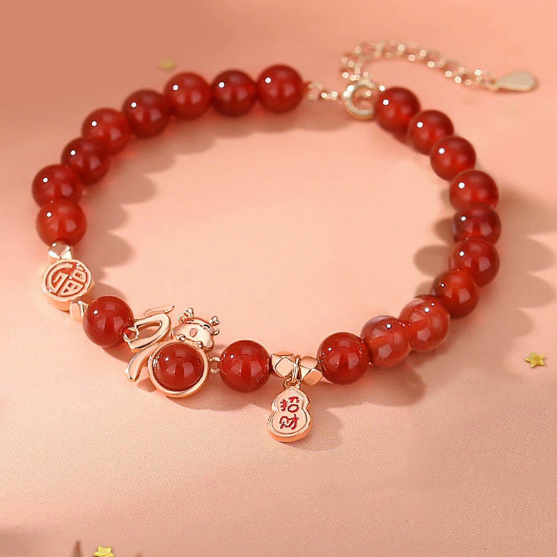 Mocoer 925 Sterling Silver Year of the Dragon Natural Red Agate Hetian Jade Fu Character Luck Gourd Bracelet - Mocoer