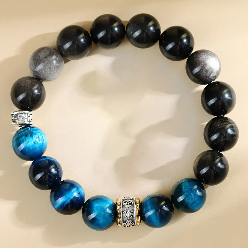 Mocoer Blue Tiger Eye Silver Sheen Obsidian Strength Bracelet - Mocoer