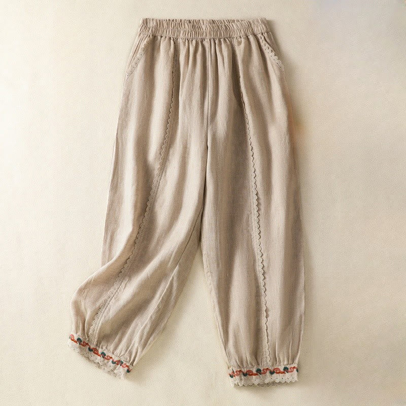 Mocoer Casual Plain Lace Side Design 7-8 Length Cotton Linen Women's Harem Pants With Pockets - Mocoer