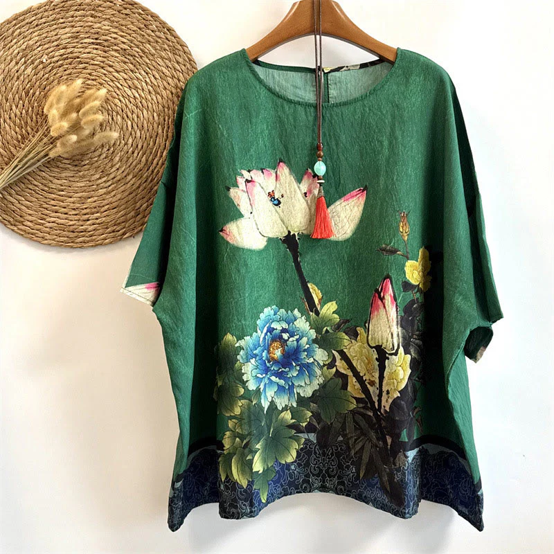 Mocoer Casual Loose Printed Lotus Peony Flowers Women's Crew Neck Design Half Sleeve Polyester T-shirt - Mocoer