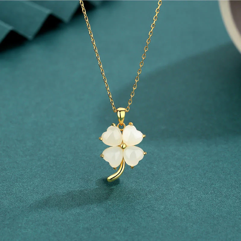 Mocoer Hetian Jade 925 Sterling Silver Four Leaf Clover Necklace Pendant - Mocoer