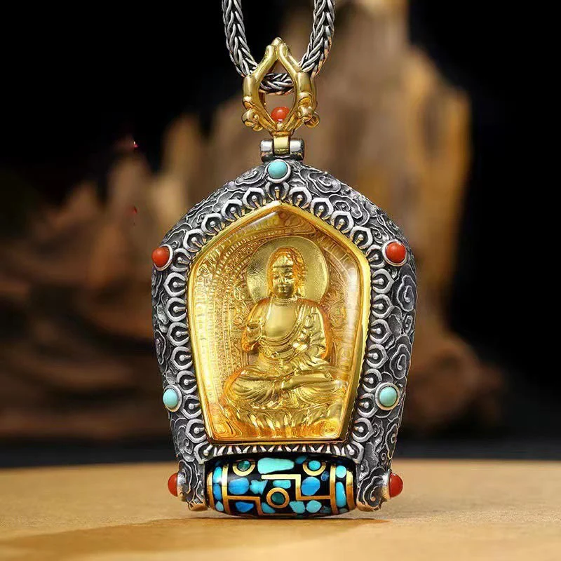 Mocoer Tibet Chinese Zodiac Natal Buddha Thangka Prosperity Rotatable Dzi Bead Necklace Pendant - Mocoer