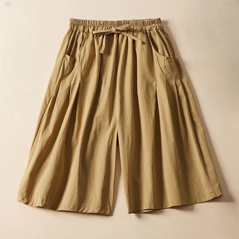 Mocoer Casual Solid Color Wrinkle Design Drawstring Cotton Women's Shorts With Pockets - Mocoer