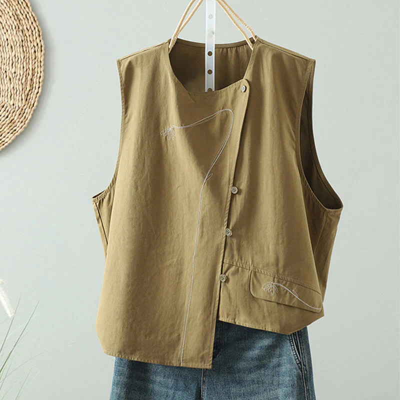 Mocoer Vintage Casual Embroidery Irregular Single Breasted Design Crew Neck Cotton Women's Vest Waistcoat - Mocoer