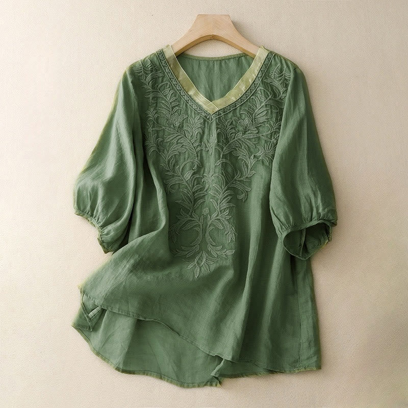 Mocoer Vintage Casual Pure Leaf Embroidery V-Neck Half Sleeve Cotton Linen Women's T-Shirt - Mocoer