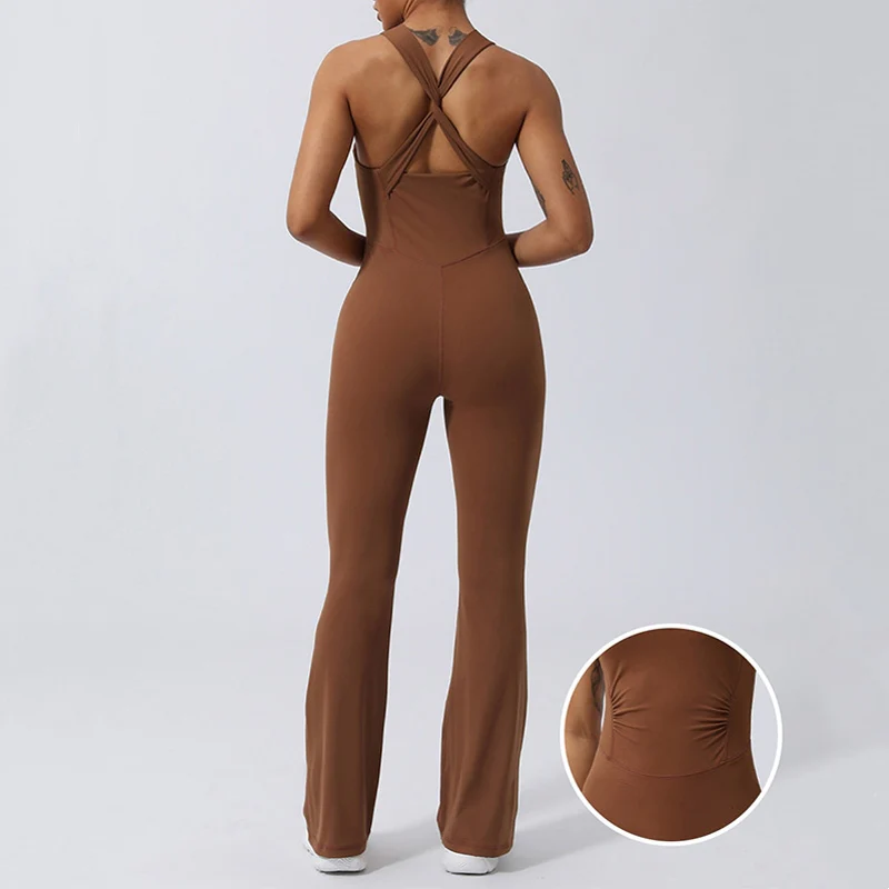 Mocoer Women Workout Crisscross Sleeveless Flare Jumpsuit Sports Fitness Yoga Bodysuit - Mocoer