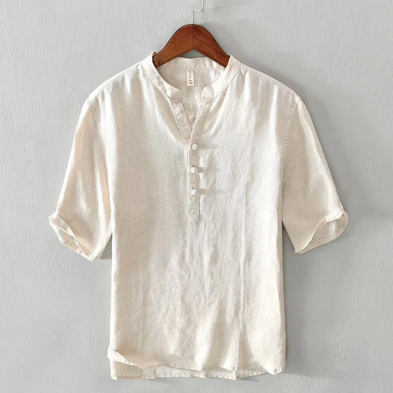 Mocoer Daily Solid Color Stand Collar Half Sleeve Linen Half Button Men's Shirt - Mocoer