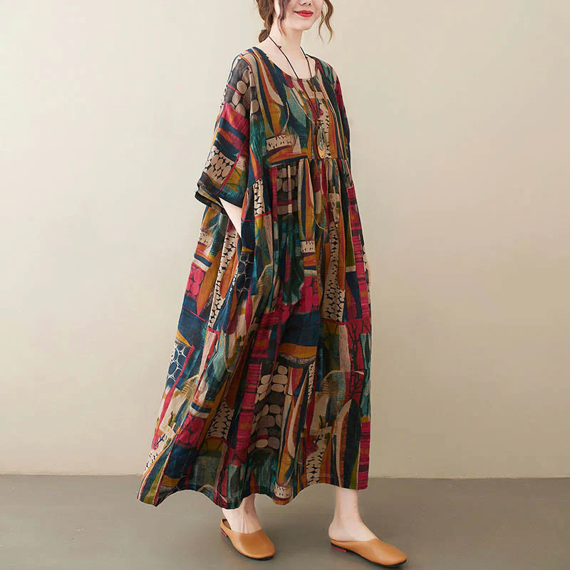 Mocoer Colorful Graphics Midi Dress Cotton Half Sleeve Tunic Dress With Pockets - Mocoer