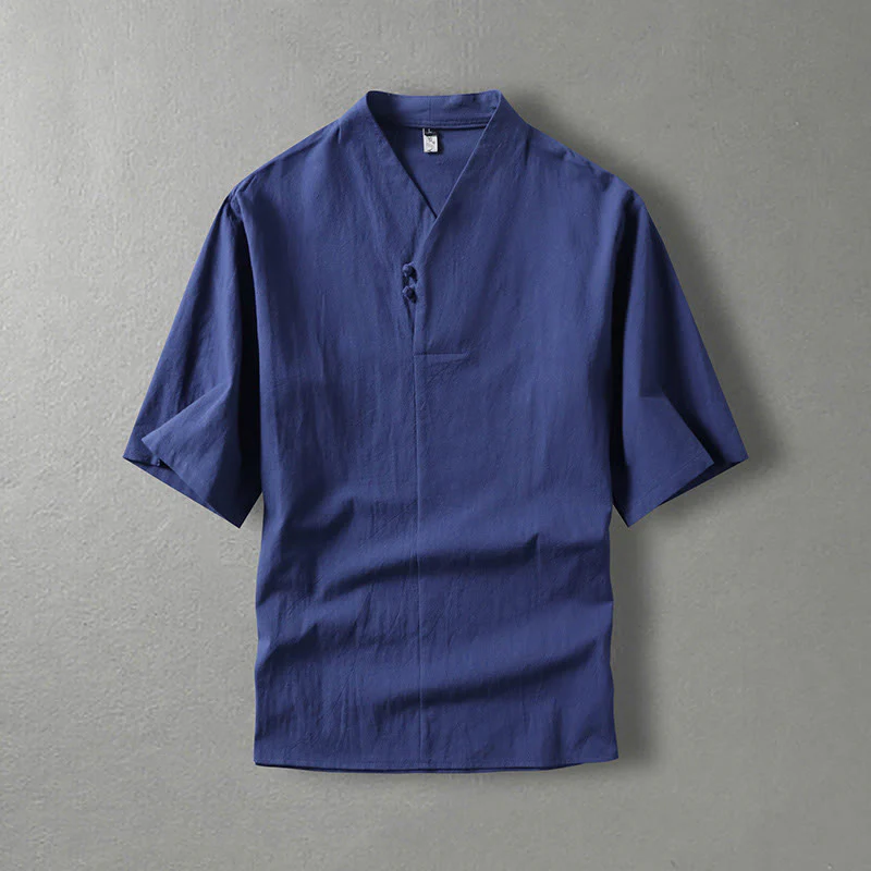 Mocoer Casual Plain Color Two Buttons V-neck Three Quarter Sleeve Cotton Men's Shirt - Mocoer