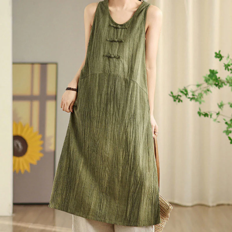 Mocoer Casual Tie Dye Chinese Frog-Button Ramie Linen Maxi Dress With Pockets - Mocoer