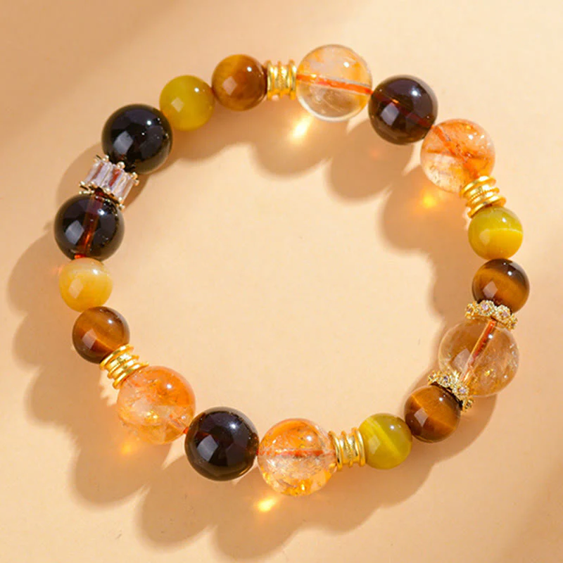 Mocoer Natural Citrine Smoky Quartz Tiger Eye Duobao Crystal Prosperity Bracelet - Mocoer