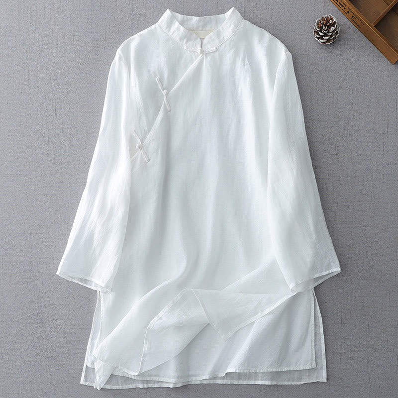 Mocoer Solid Color Frog-Button Three Quarter Sleeve Double Layer Cotton Linen Shirt - Mocoer