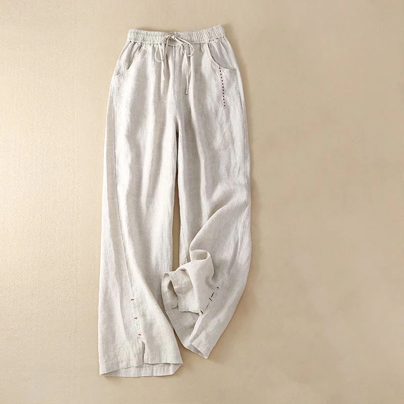 Mocoer Casual Cotton High Waist Lace-up Slit Wide Leg Pants With Pockets - Mocoer