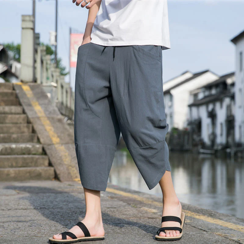 Mocoer Summer Casual Simple Plain Tapered Design Drawstring Men's 7-8 Length Cotton Linen Pants With Pockets - Mocoer