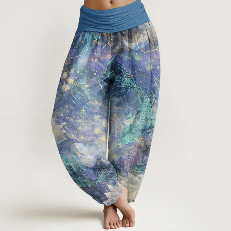 Mocoer Pure Cotton Koi Fish Lotus Moon Stars Pattern Women's Elastic Waist Harem Pants - Mocoer