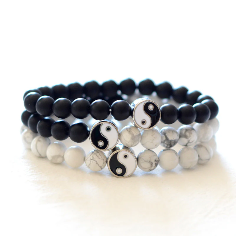 Mocoer 3pcs Natural White Turquoise Frosted Stone Bead Yin Yang Wealth Bracelet - Mocoer