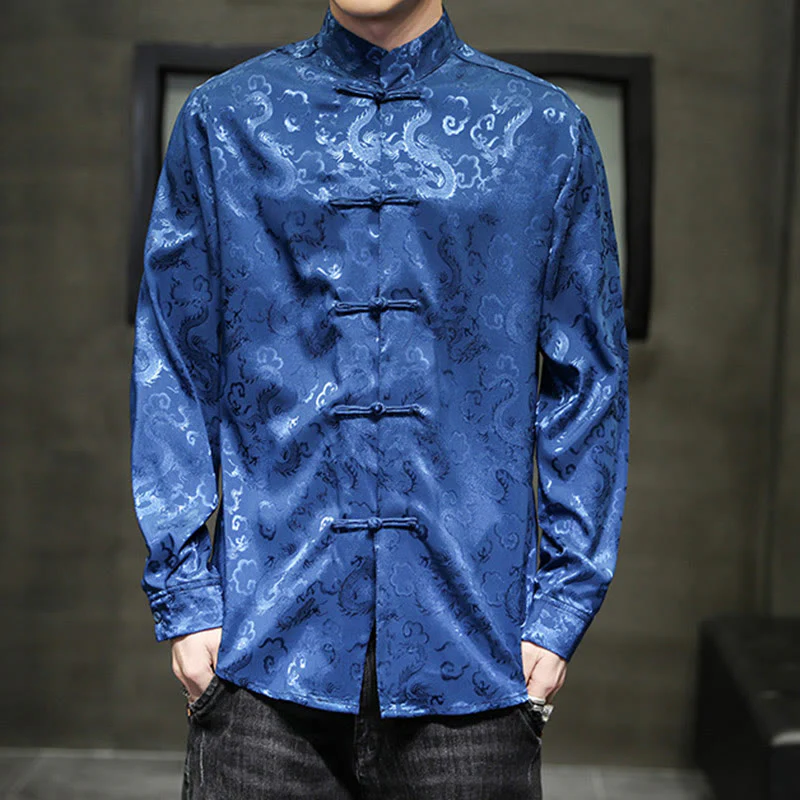Mocoer Casual Dragon Pattern Frog-button Tang Suit Linen Men's Jacket Shirt - Mocoer