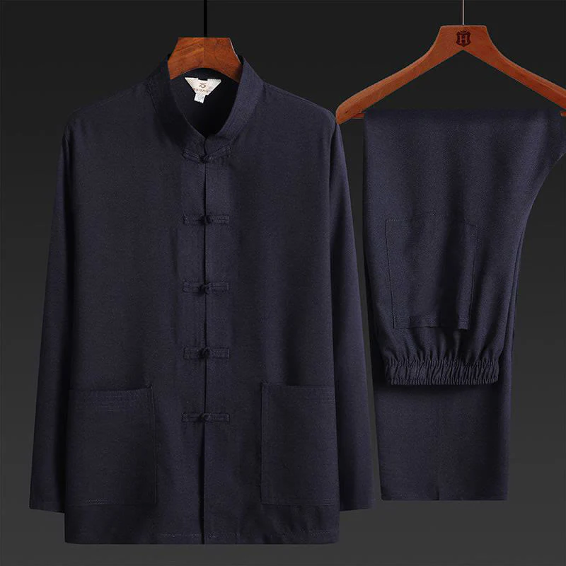 Mocoer 2Pcs Tang Suit Plain Color Frog-Button Men's Long Sleeve Shirt Pants Set - Mocoer