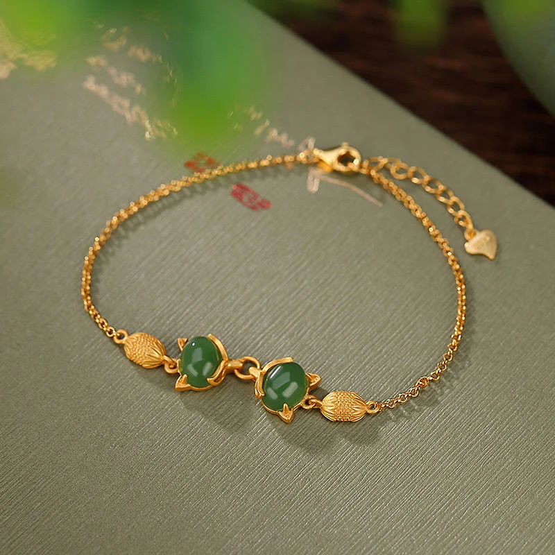 Mocoer 925 Sterling Silver Natural Hetian White Jade Cyan Jade Lovely Fox Luck Bracelet - Mocoer