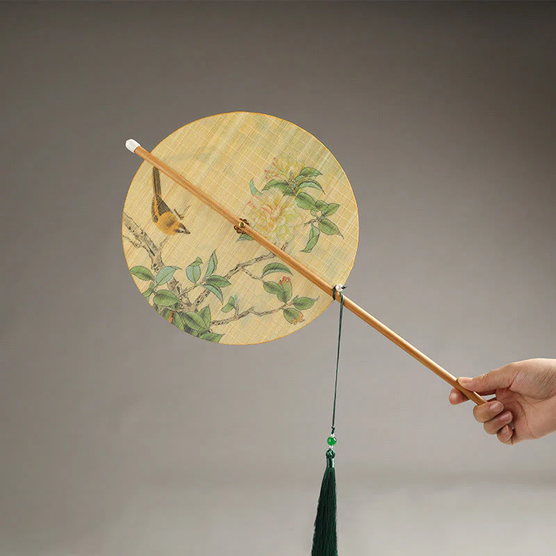 Mocoer Handmade Birds Flowers Persimmons Fruit Koi Fish Lotus Bamboo Long Handle Portable Curlable Fan - Mocoer