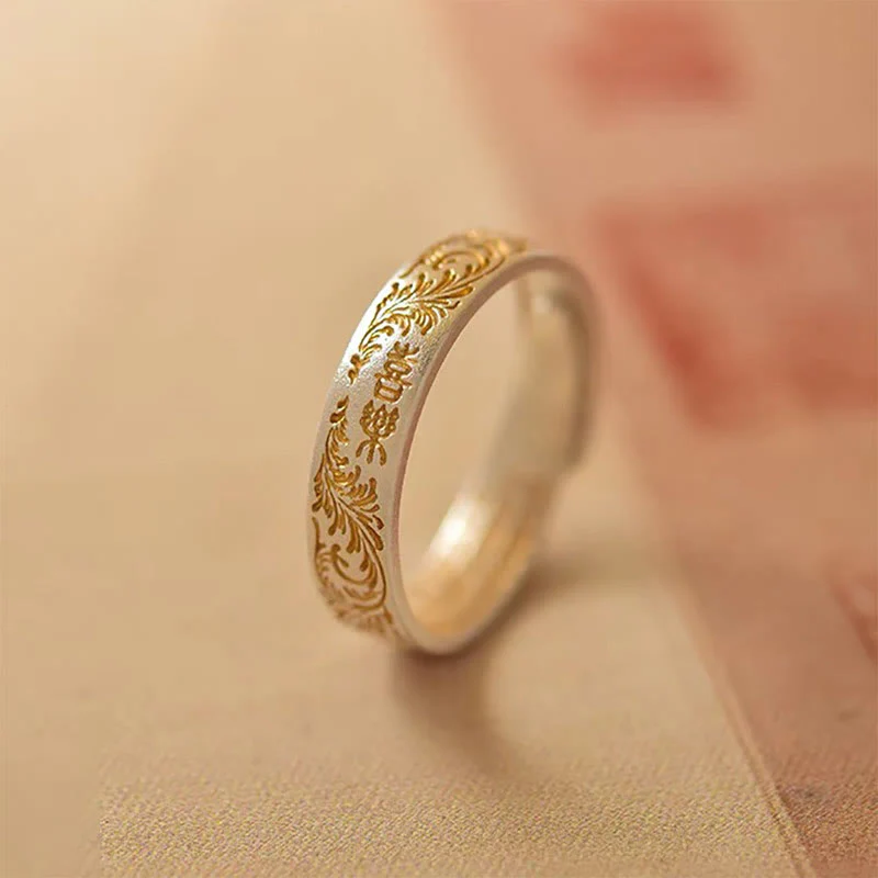 Mocoer Buddha Stone 999 Sterling Silver Gold-Painted Joyful Flower Pattern Peaceful Heart Sutra Ring - Mocoer