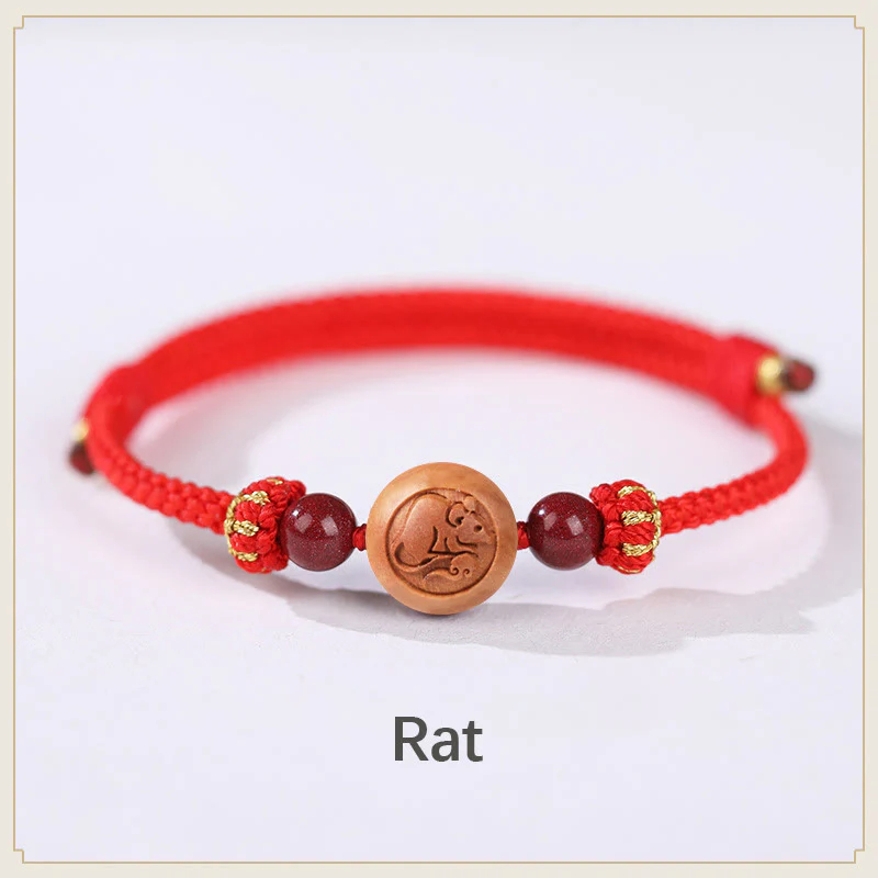 Mocoer Natural Peach Wood Chinese Zodiac Fu Character Carved Cinnabar Wealth Bracelet - Mocoer