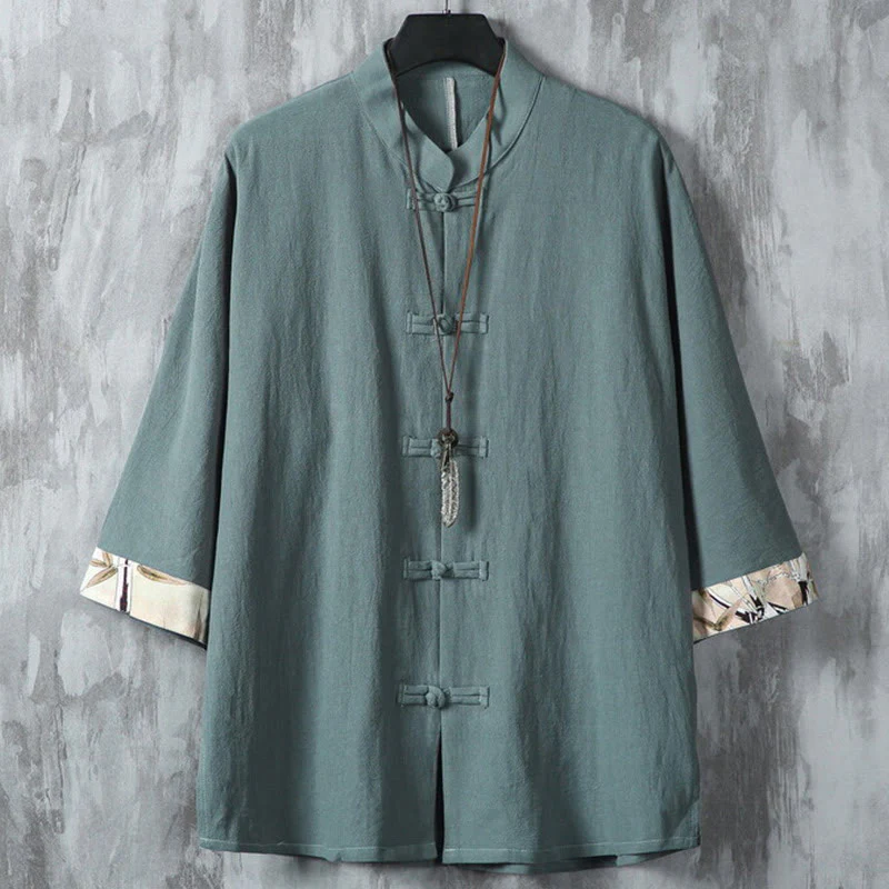 Mocoer Summer Plain Chinese Frog-button Patchwork Design Cotton Linen Men's Shirt Jacket - Mocoer