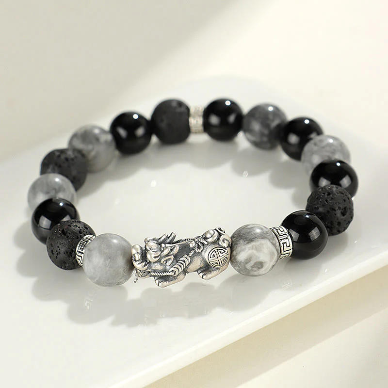Mocoer 999 Sterling Silver PiXiu Black Onyx Grey Jasper Lava Rock Protection Bracelet - Mocoer