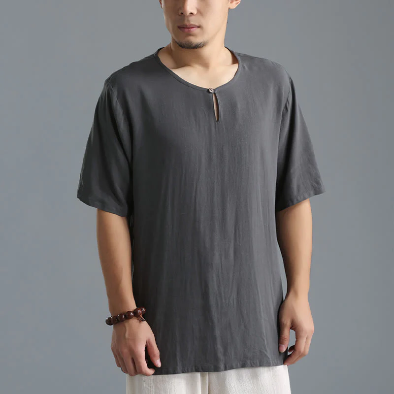 Mocoer Men's Solid Color Round Neck Short Sleeve Cotton Linen Shirt - Mocoer