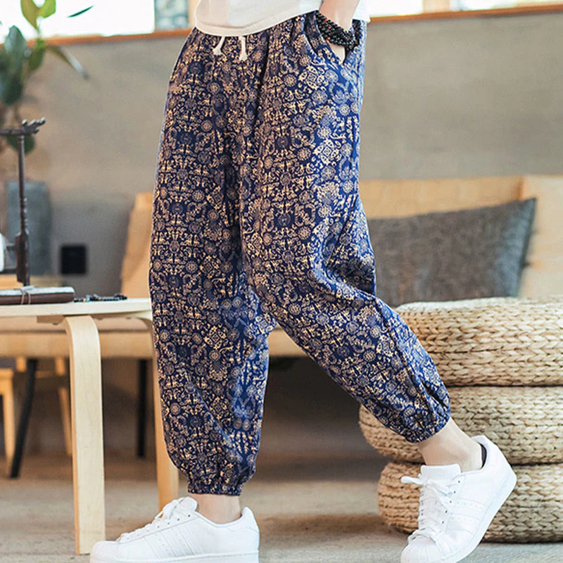 Mocoer Golden Mandala Pattern Cotton Linen Drawstring Men's Harem Pants With Pockets - Mocoer