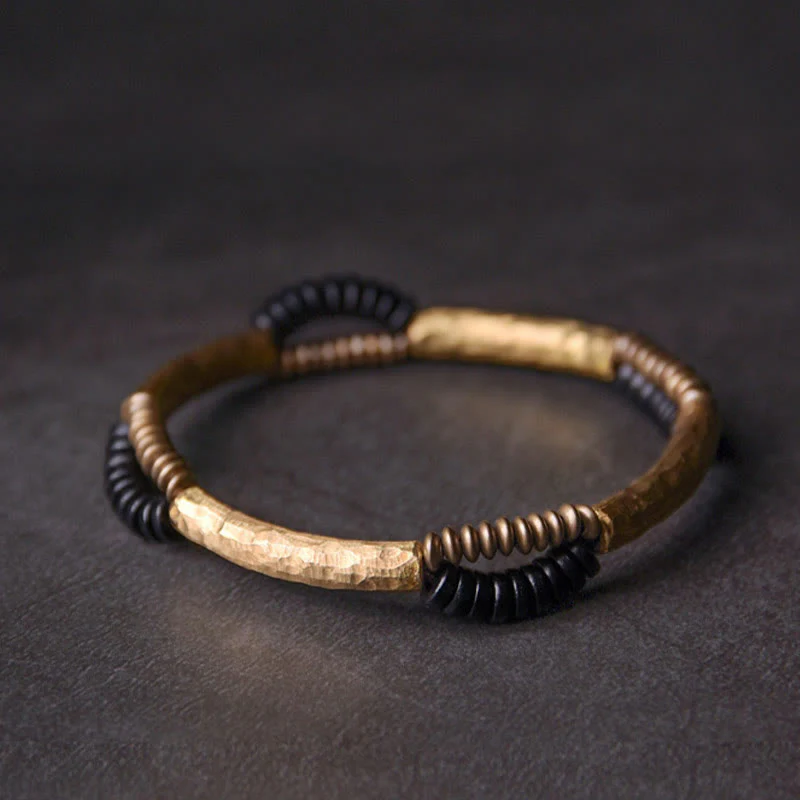 Mocoer Vintage Ebony Wood Copper Luck Wealth Handmade Bracelet - Mocoer
