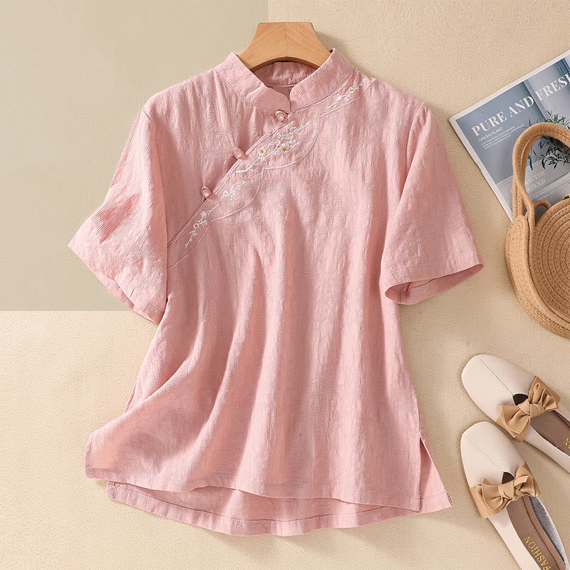 Mocoer Plum Blossom Embroidery Frog-Button Short Sleeve Cotton Linen Shirt - Mocoer