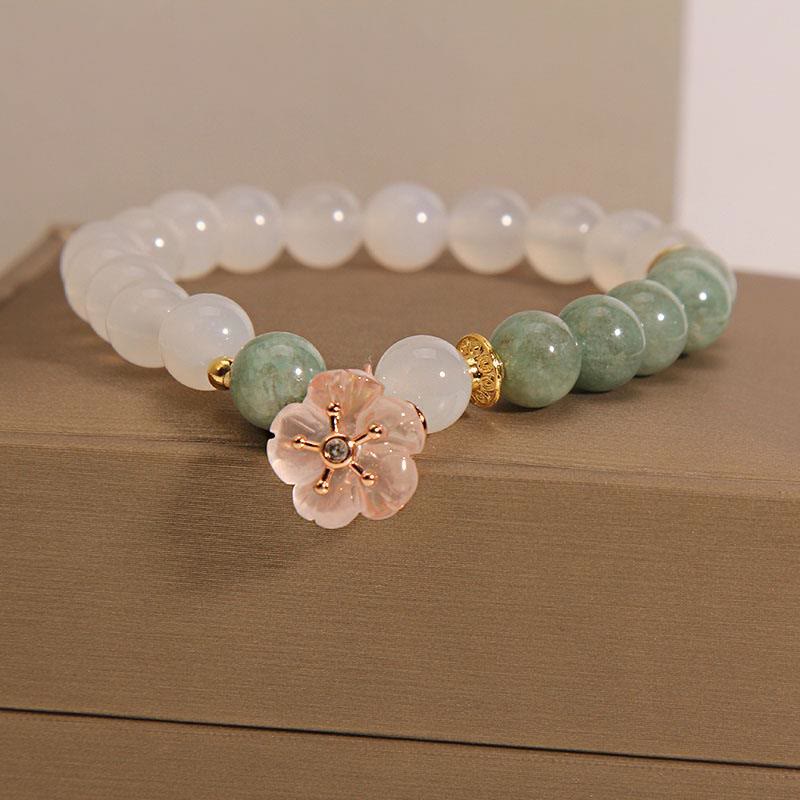 Mocoer White Agate Jade Flower Charm Luck Protection Bracelet - Mocoer