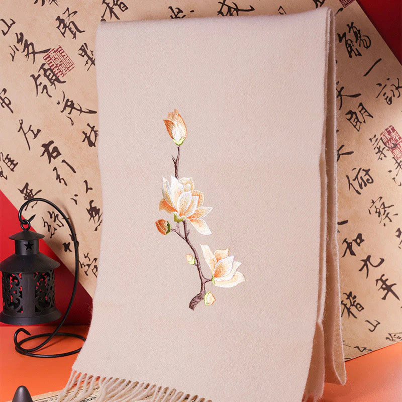 Mocoer Wool Shawl Yulan Magnolia Embroidery Tassel Winter Cozy Travel Scarf Wrap - Mocoer