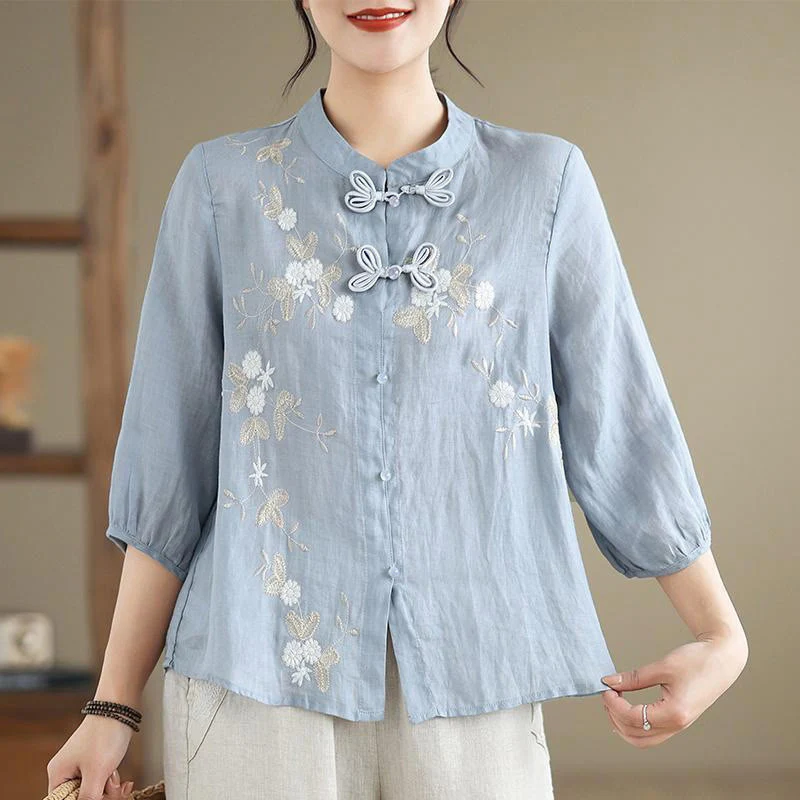 Mocoer Vintage Flower Embroidery Three Quarter Sleeve Frog-Button Cotton Linen Women's Shirt - Mocoer