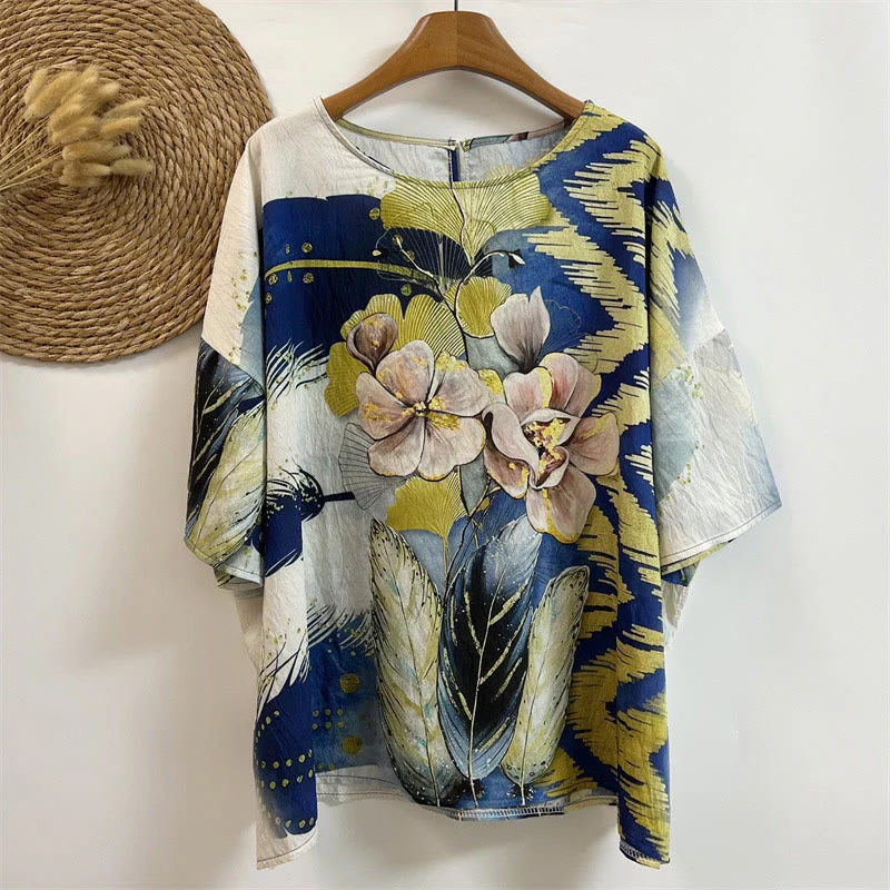 Mocoer Casual Flower Leaves Feather Women's Crew Neck Design Half Sleeve Polyester T-shirt - Mocoer