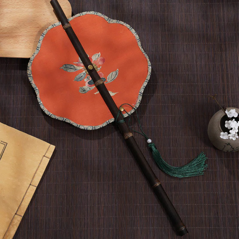 Mocoer Handmade Cherry Bamboo Leaf Grape Pattern Long Purple Bamboo Handle Portable Curlable Fan - Mocoer