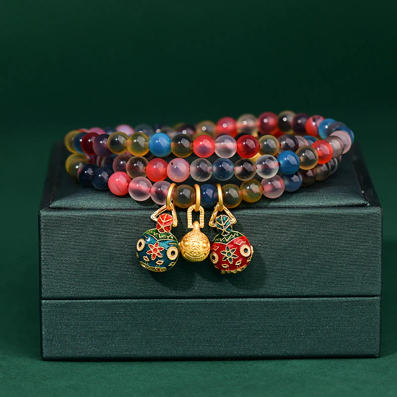 Mocoer Colorful Candy Agate Gold Swallowing Beast Family Strength Charm Triple Wrap Bracelet - Mocoer