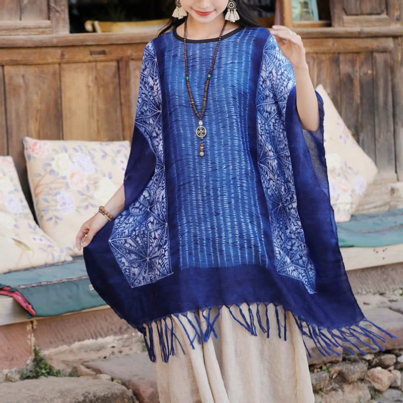 Mocoer Blue Geometric Stripes Batik Shawl Tassels Cozy Travel Pullover 90*95cm - Mocoer