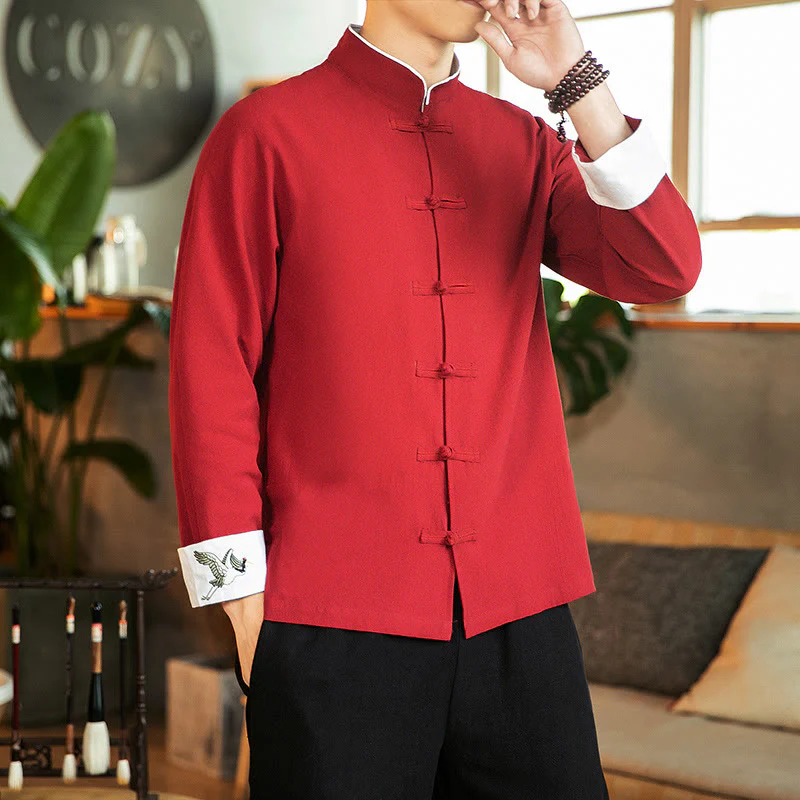 Mocoer Tang Suit Frog-Button Crane Embroidery Long Sleeve Cotton Men's Shirt - Mocoer