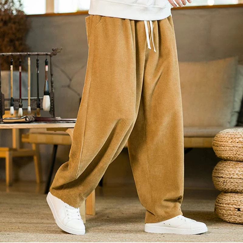 Mocoer Fall Winter Men's Drawstring Corduroy Harem Pants With Pockets - Mocoer