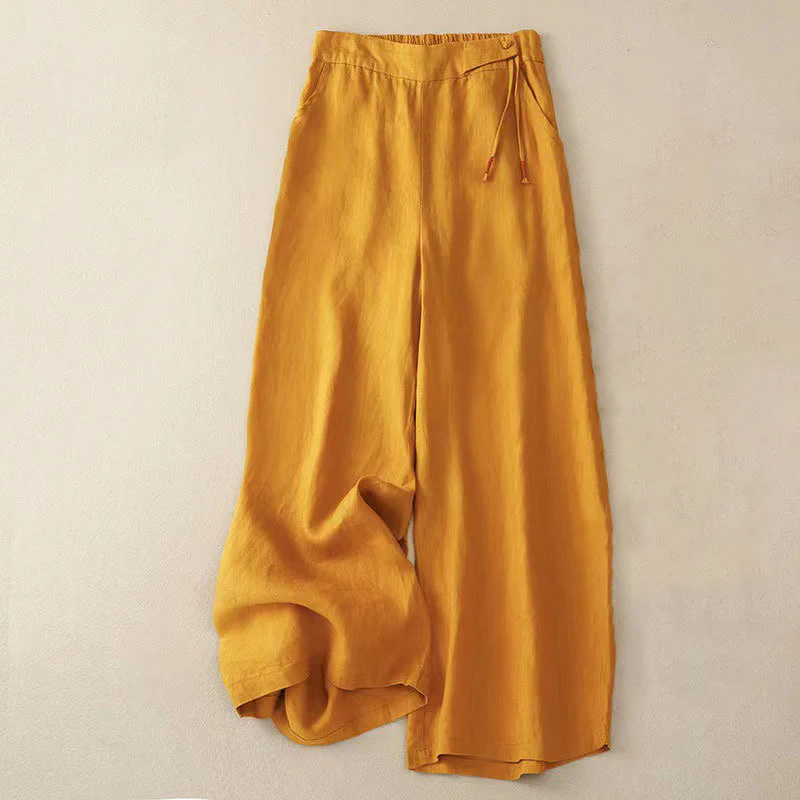 Mocoer Casual Solid Color One Button Cotton Linen Women's Wide Leg Pants With Pockets - Mocoer