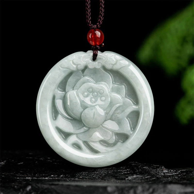 Mocoer Natural Jade Lotus Flower Carved Prosperity Necklace Pendant - Mocoer