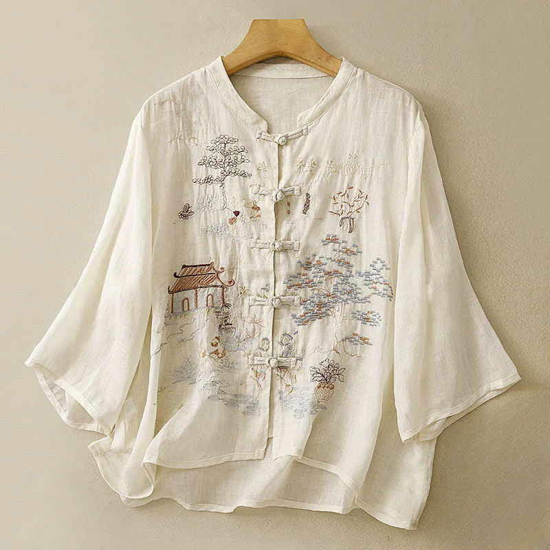 Mocoer Casual Women's Frog-Button Embroidered Plant Crew Neck Design Three Quarter Sleeve Cotton Shirt - Mocoer