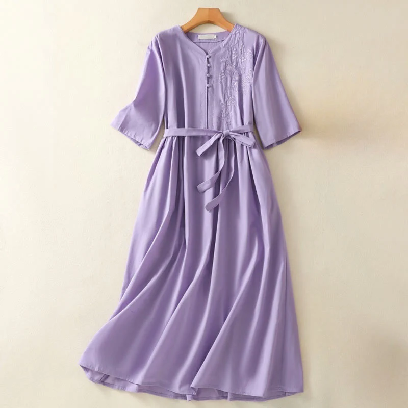 Mocoer Summer Orchid Embroidery Lace-Up V-Neck Half Sleeve Cotton Linen Midi Dress With Pockets - Mocoer