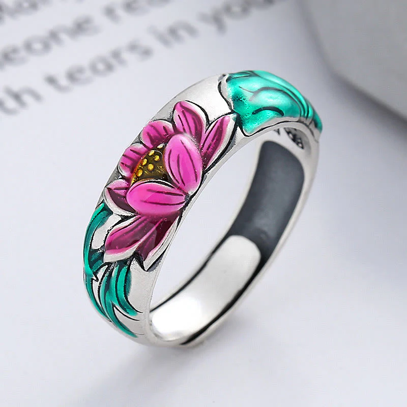 Mocoer 925 Sterling Silver Lotus Flower Heart Sutra Enlightenment Ring - Mocoer