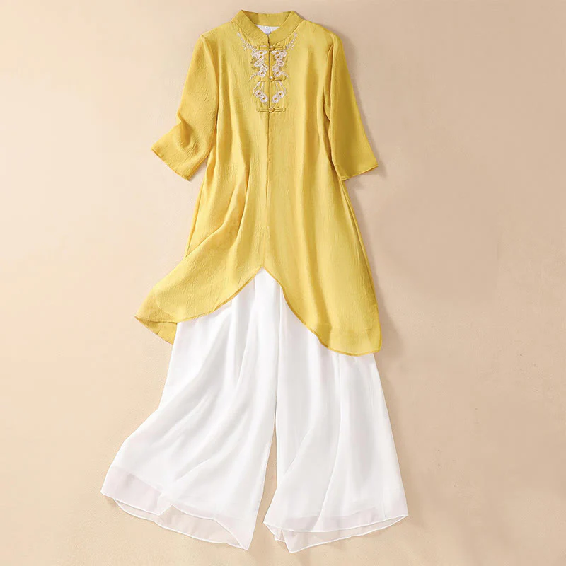 Mocoer Women's Flower Embroidery Frog-Button Shirt Dress Wide Leg Pants - Mocoer