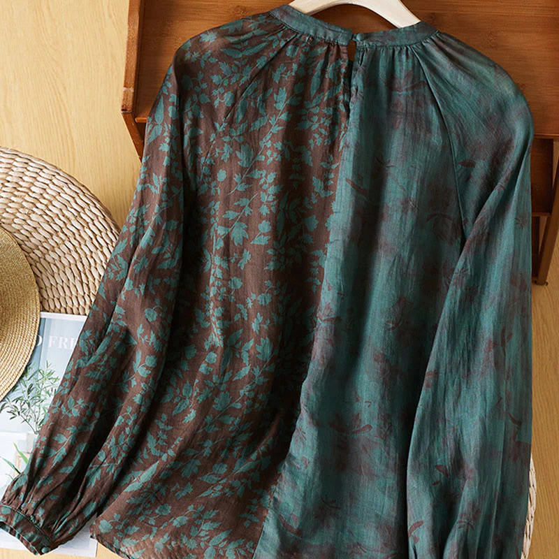 Mocoer Casual Printed Color Matching Long Sleeve Round Neck Cotton Linen Women's Shirts - Mocoer