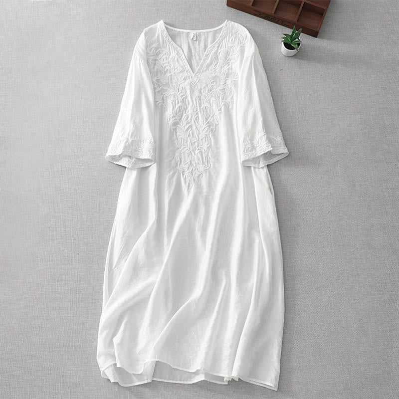 Mocoer Summer White Pure Color Embroidery Leaf Flower V-Neck Short Sleeve Cotton Linen Midi Dress With Pockets - Mocoer